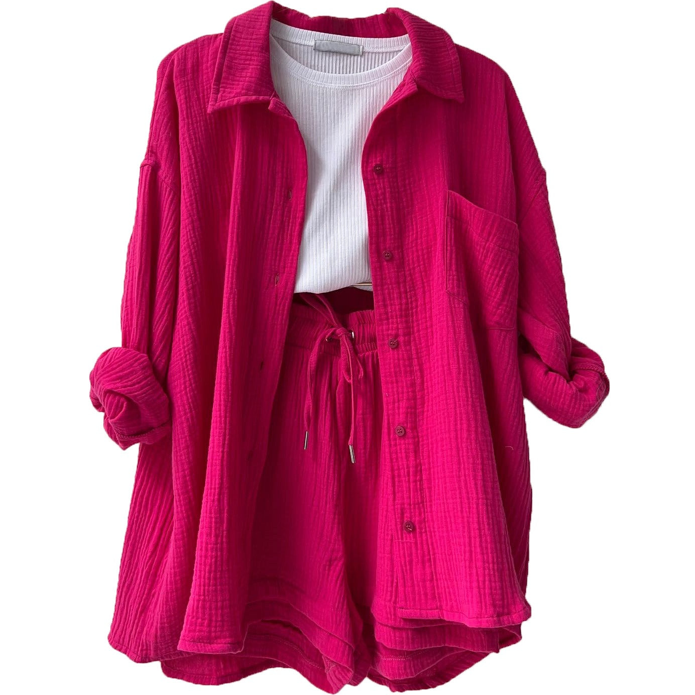 Spring Ruffle Collar Long Sleeve Shirt High Waist Drawstring Shorts Large Fashion Casual Suit - Free Shipping - aurelia-clothing-8955