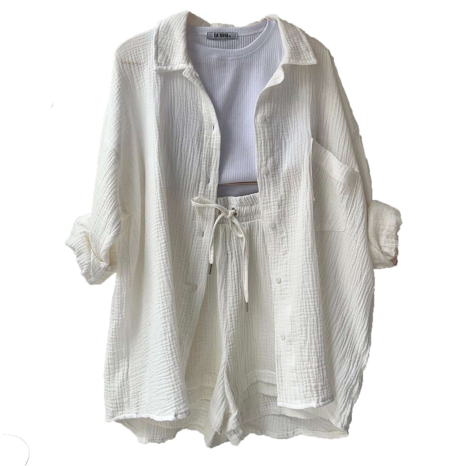 Spring Ruffle Collar Long Sleeve Shirt High Waist Drawstring Shorts Large Fashion Casual Suit - Free Shipping - aurelia-clothing-8955