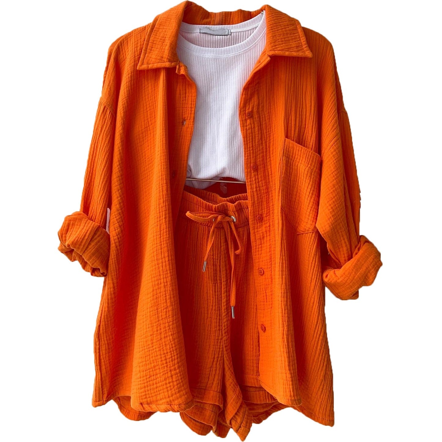 Spring Ruffle Collar Long Sleeve Shirt High Waist Drawstring Shorts Large Fashion Casual Suit - Free Shipping - aurelia-clothing-8955