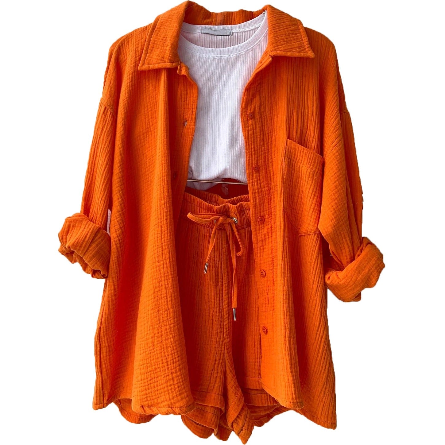 Spring Ruffle Collar Long Sleeve Shirt High Waist Drawstring Shorts Large Fashion Casual Suit - Free Shipping - aurelia-clothing-8955