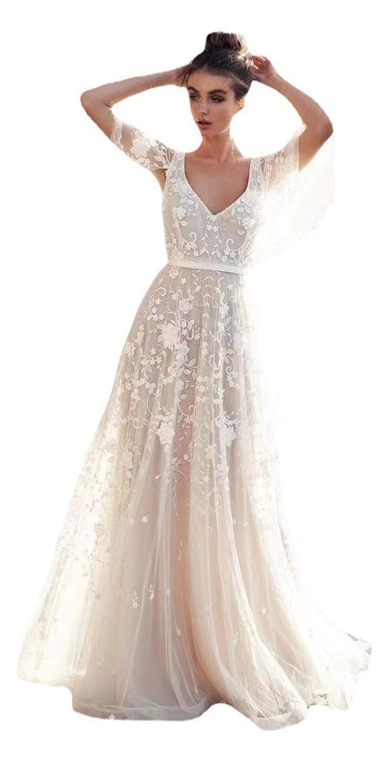 SpringSummer New Womens Deep V Mid length Dress Lace Backless Evening Dress - Free Shipping - aurelia-clothing-8955