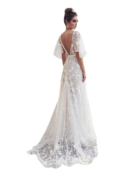 SpringSummer New Womens Deep V Mid length Dress Lace Backless Evening Dress - Free Shipping - aurelia-clothing-8955
