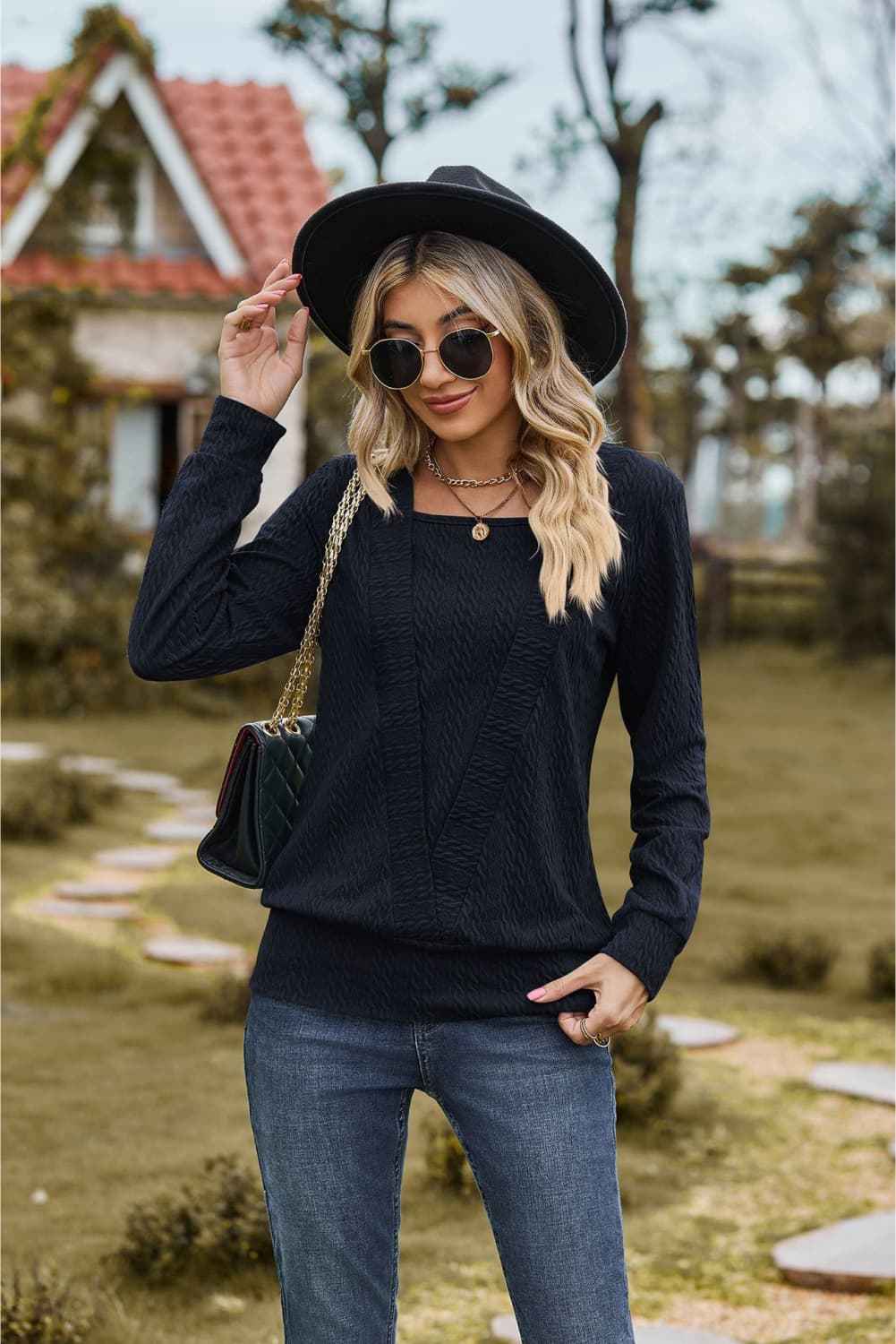 Square Neck Long Sleeve Blouse - aurelia-clothing-8955