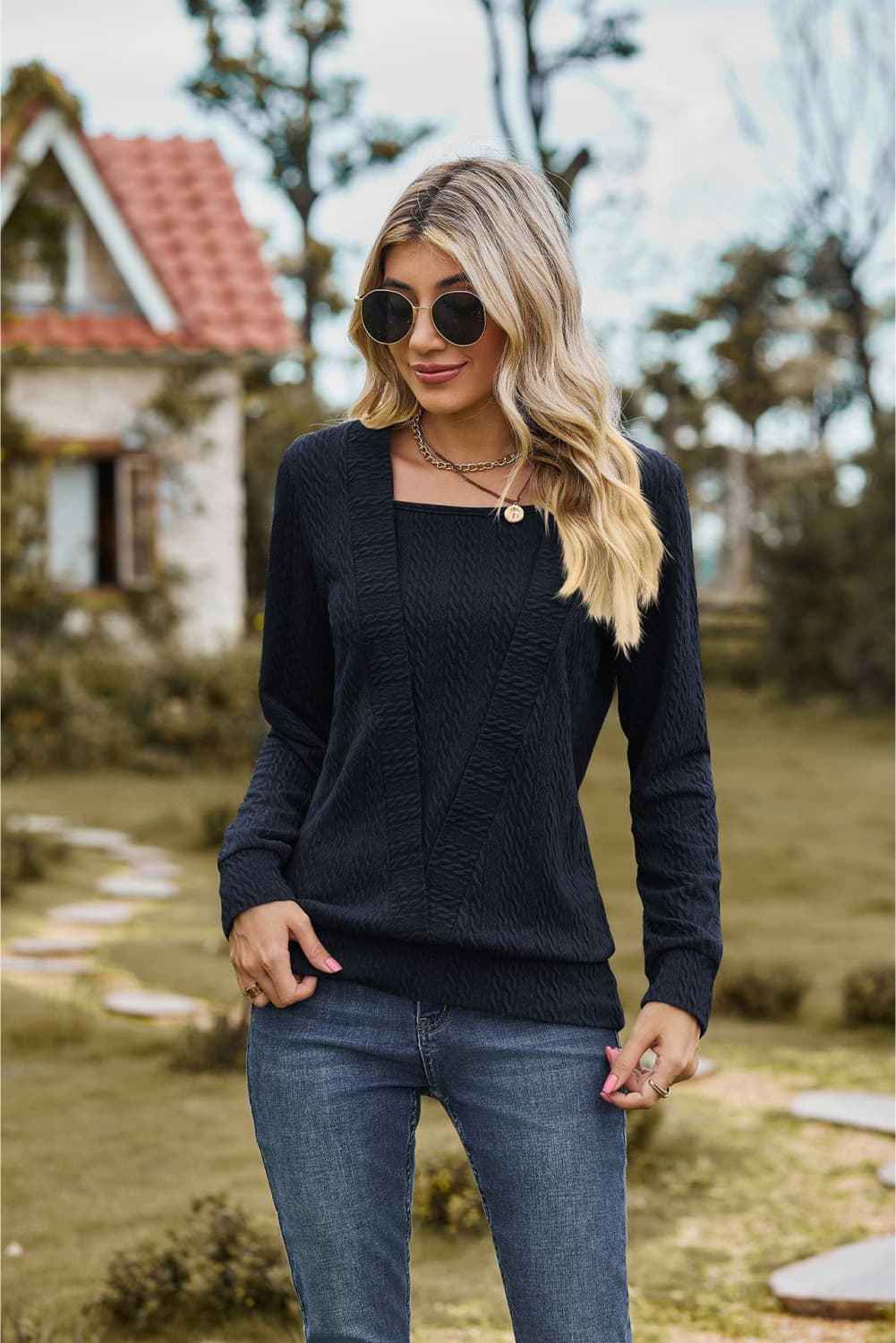 Square Neck Long Sleeve Blouse - aurelia-clothing-8955