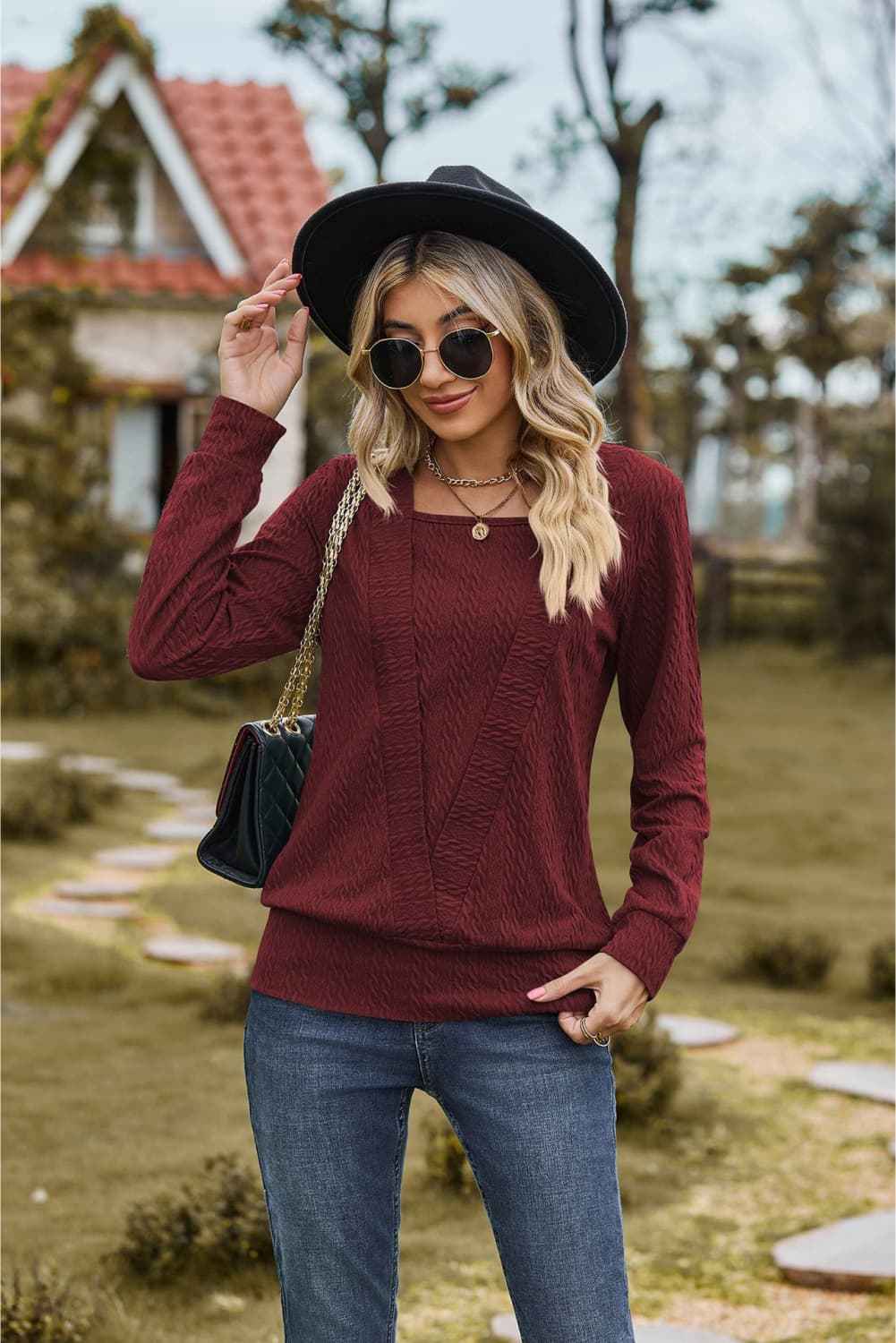 Square Neck Long Sleeve Blouse - aurelia-clothing-8955