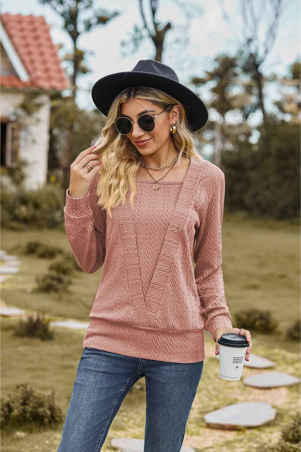 Square Neck Long Sleeve Blouse - aurelia-clothing-8955
