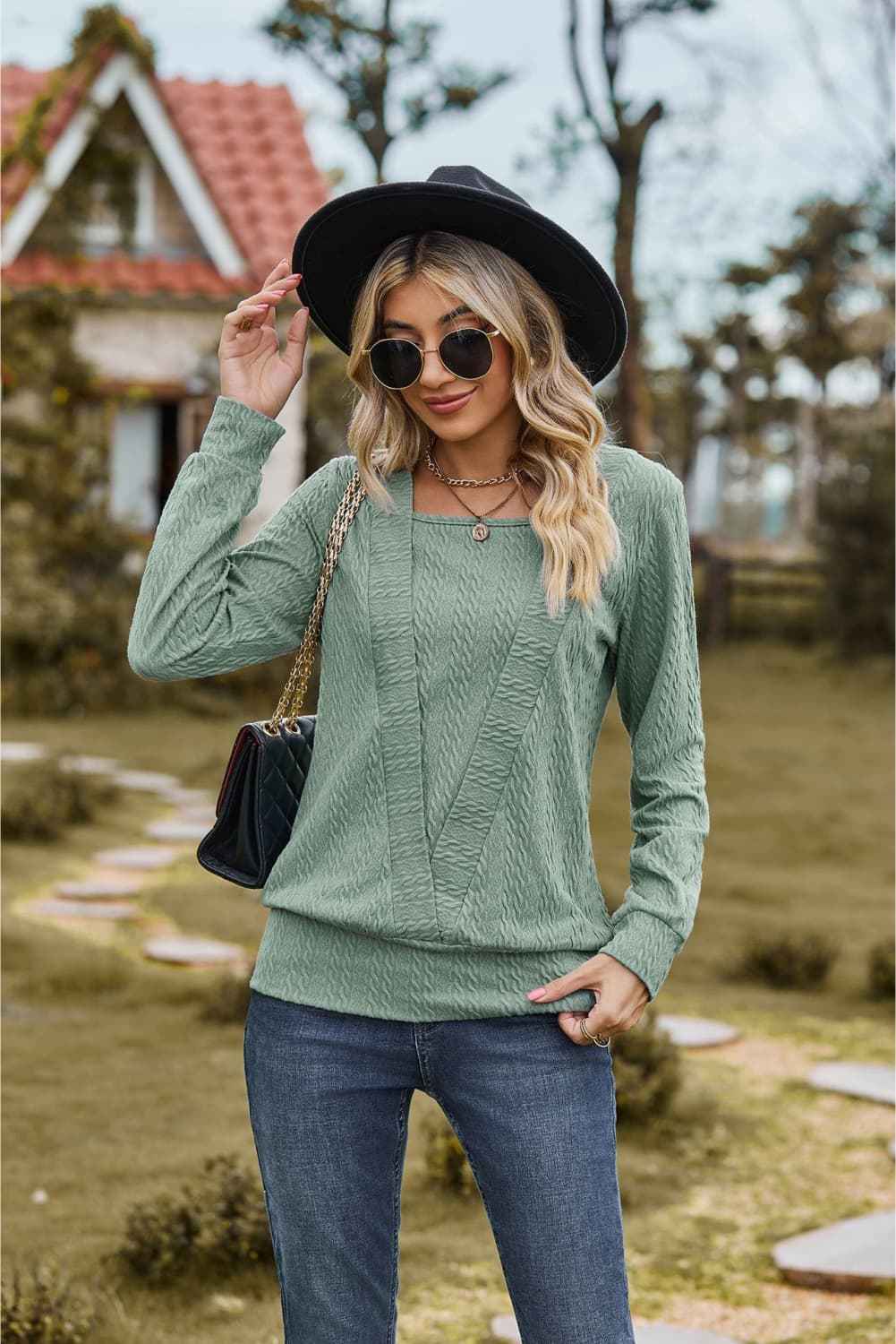 Square Neck Long Sleeve Blouse - aurelia-clothing-8955