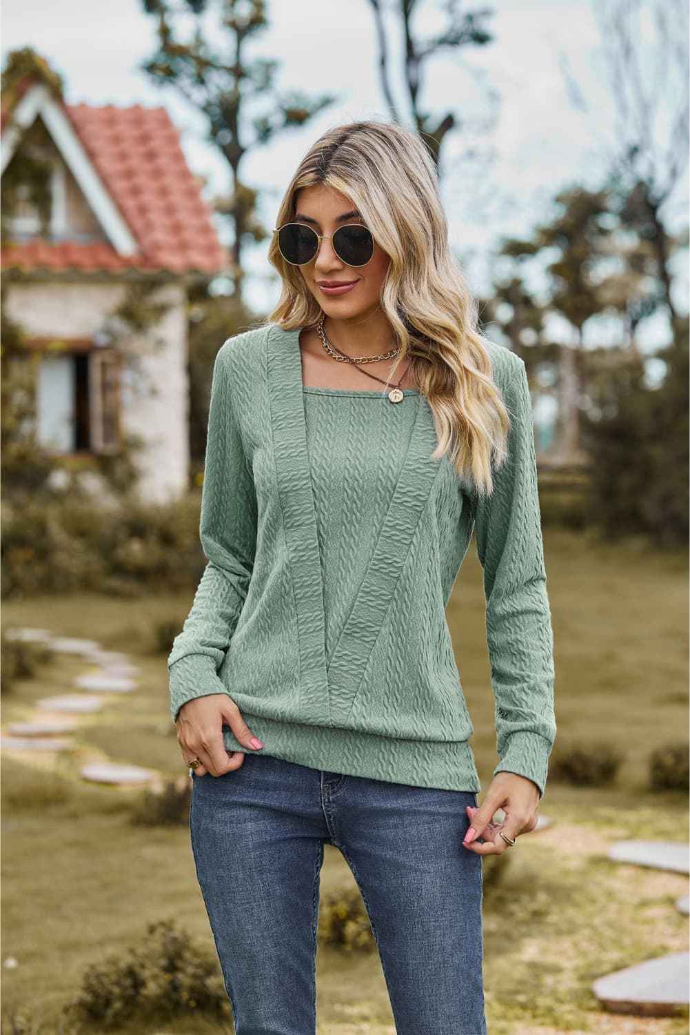 Square Neck Long Sleeve Blouse - aurelia-clothing-8955