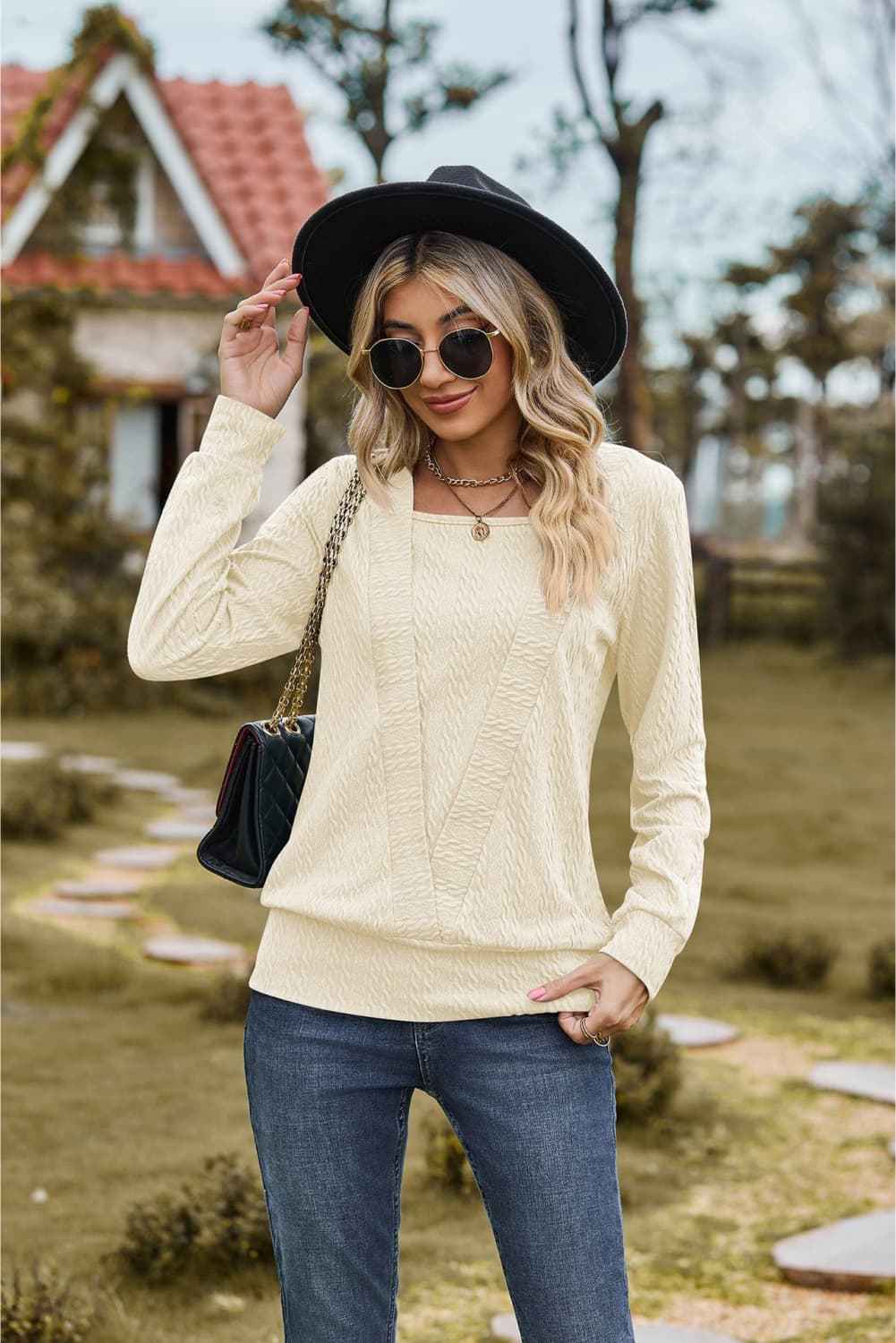 Square Neck Long Sleeve Blouse - aurelia-clothing-8955