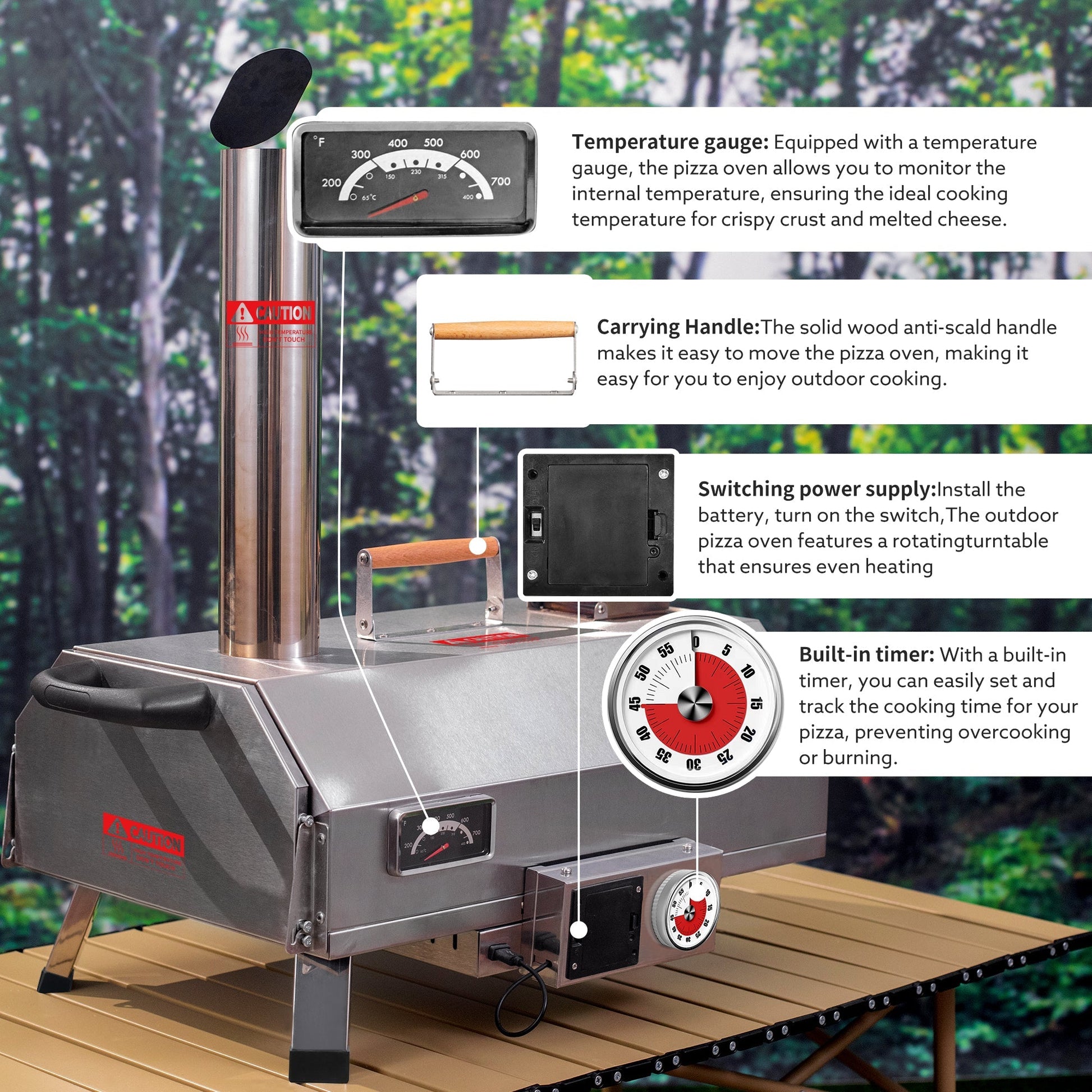 Stainless Steel Pizza Oven Outdoor 12 Automatic Rotatable Pizza Ovens Portable Wood Fired Pizza Oven Pizza Maker with Timer - Free Shipping - aurelia-clothing-8955