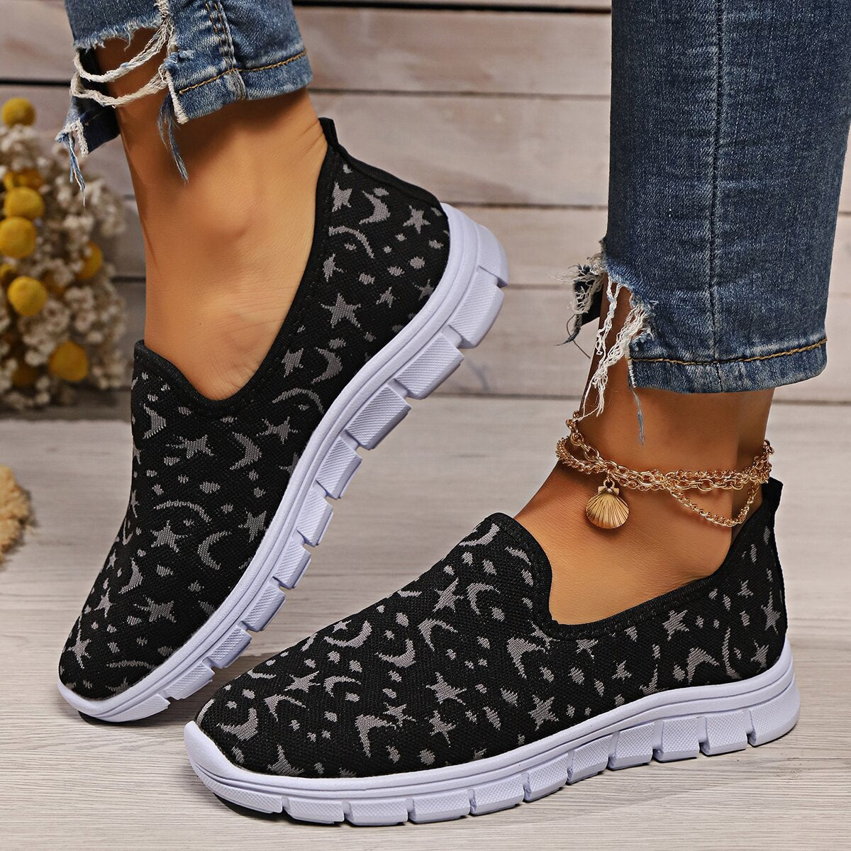 Star & Moon Pattern Flat Loafers - aurelia-clothing-8955