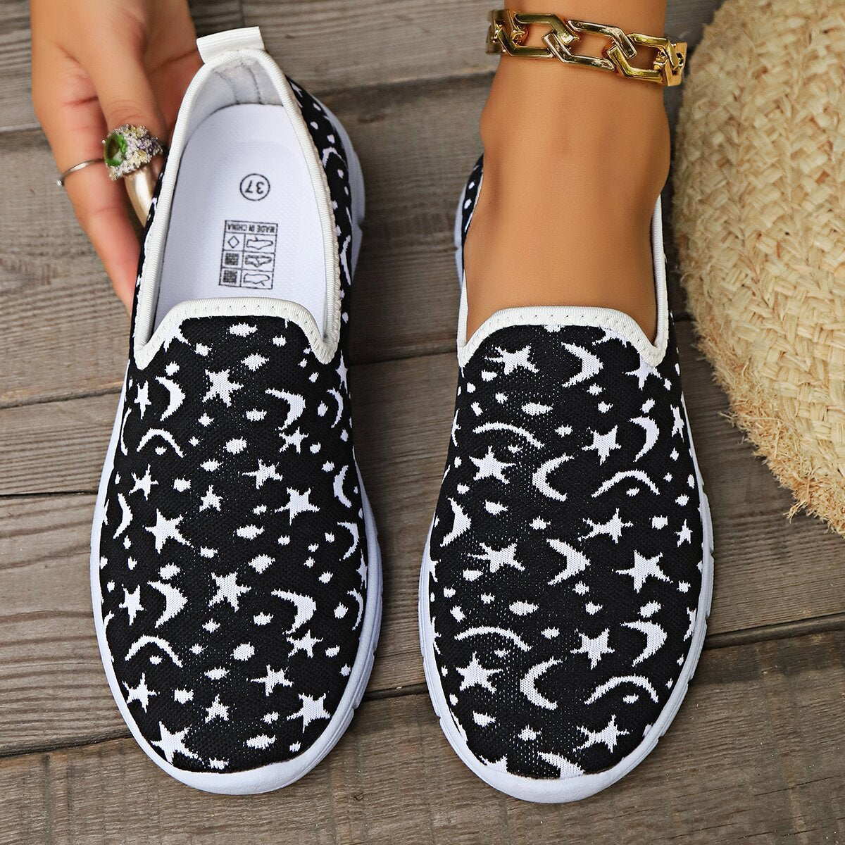 Star & Moon Pattern Flat Loafers - aurelia-clothing-8955