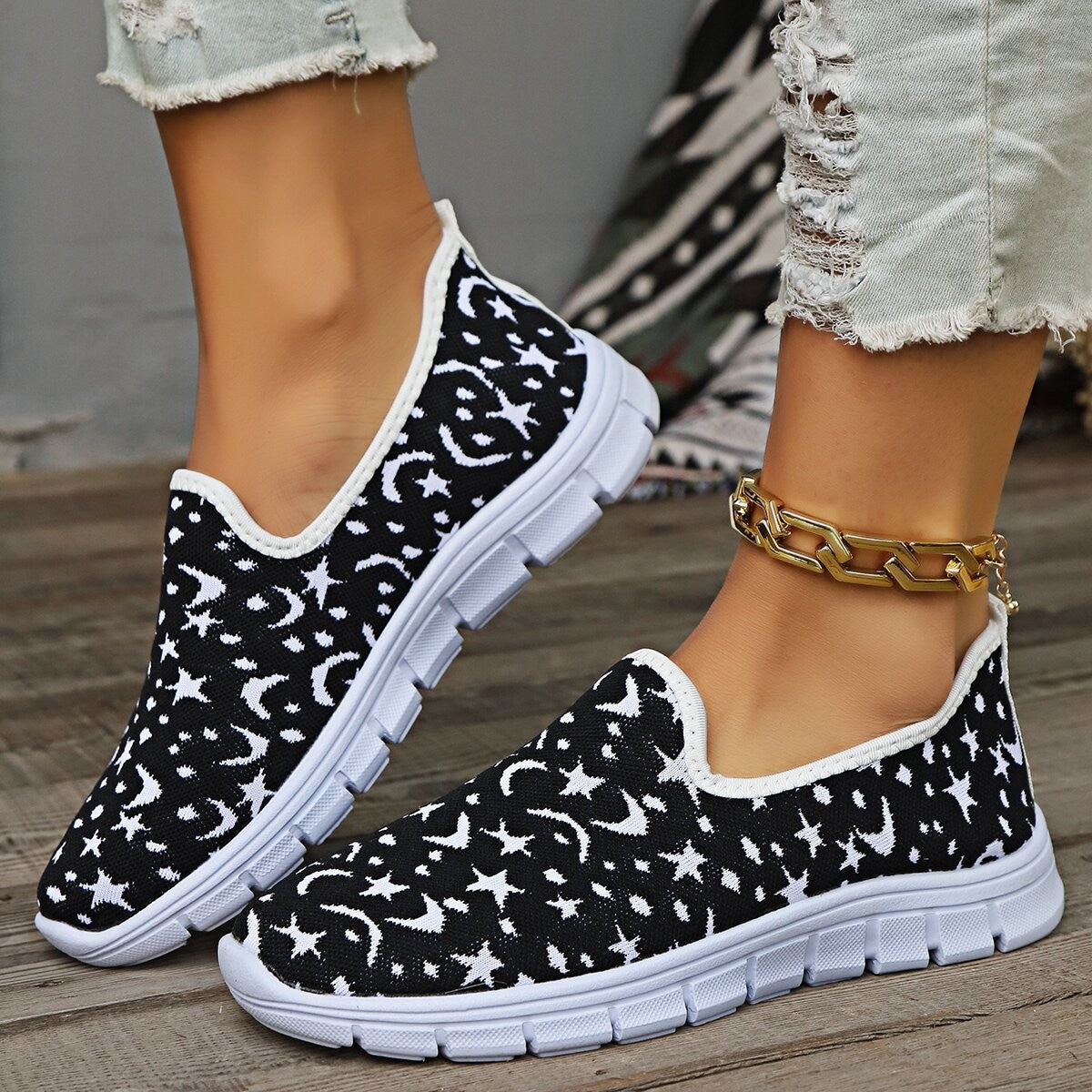 Star & Moon Pattern Flat Loafers - aurelia-clothing-8955