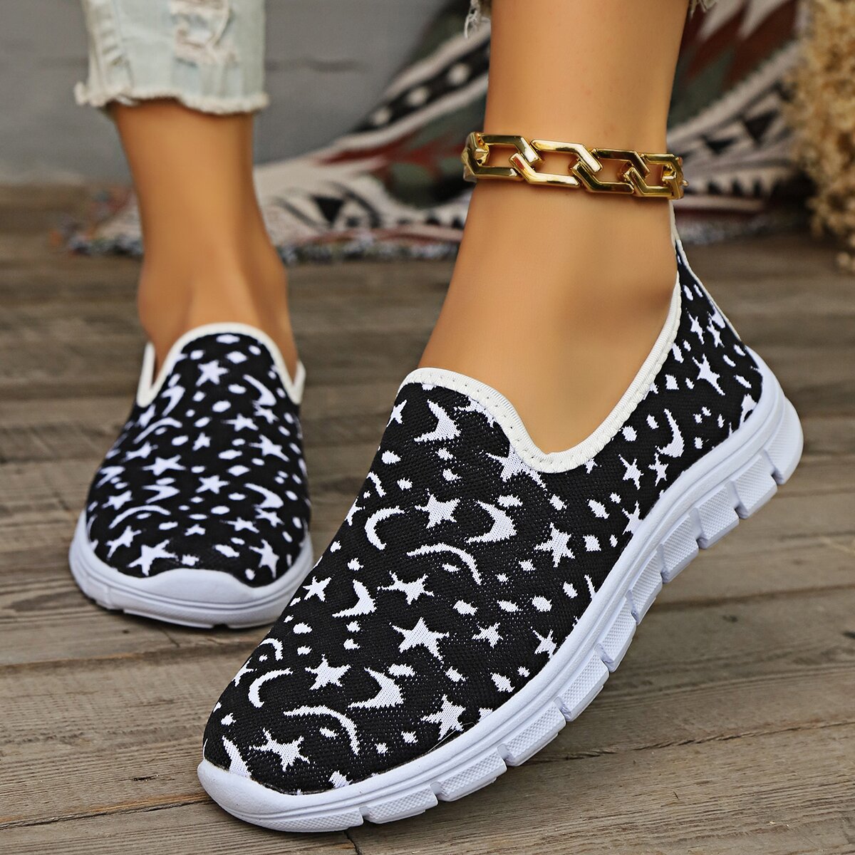 Star & Moon Pattern Flat Loafers - aurelia-clothing-8955