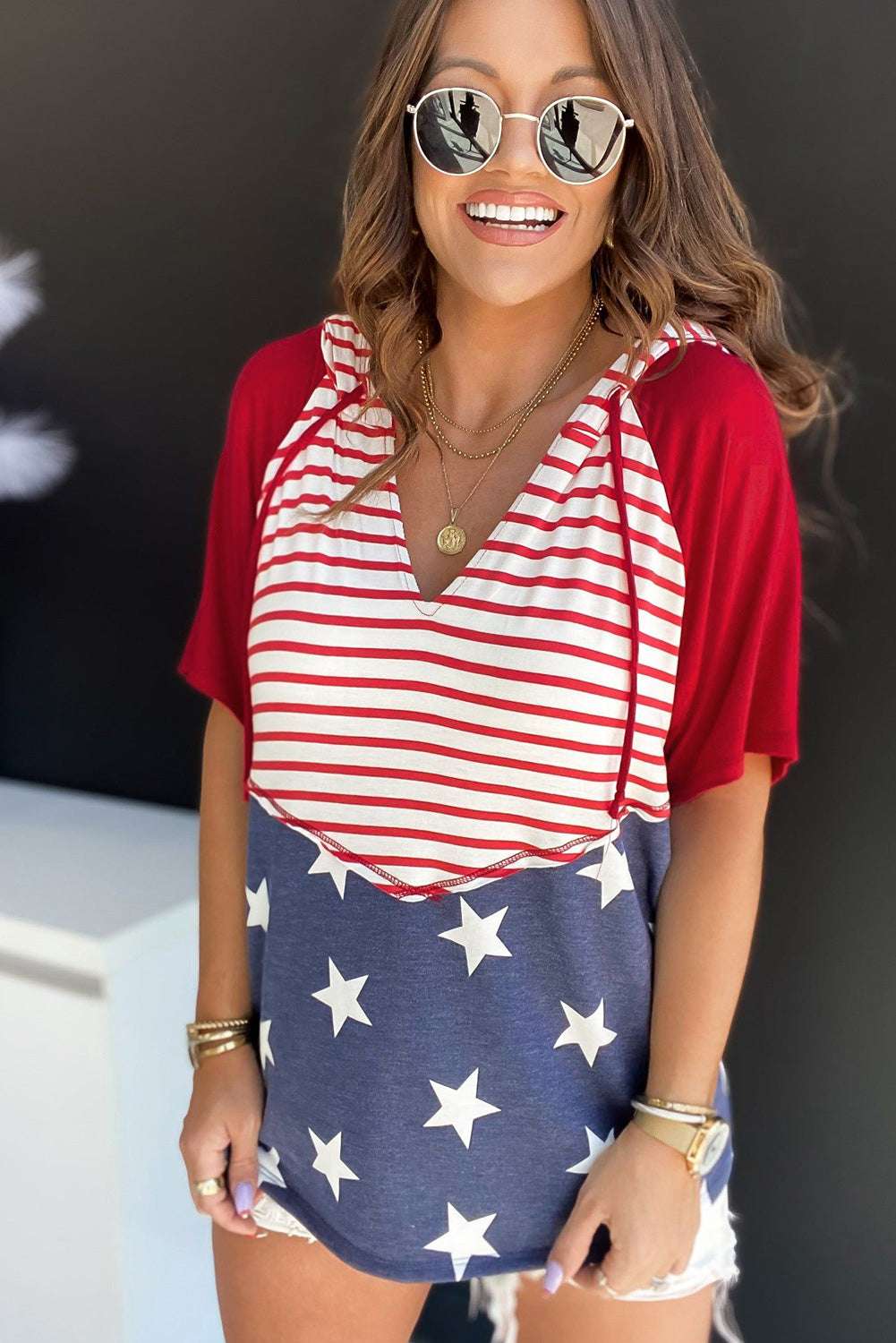 Stars and Stripes Print Drawstring Hoodie - aurelia-clothing-8955