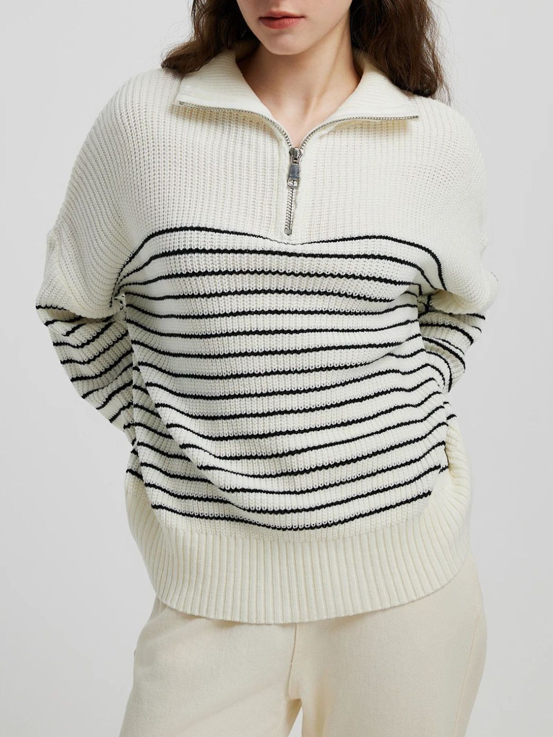 Striped Half Zip Long Sleeve Sweater - aurelia-clothing-8955