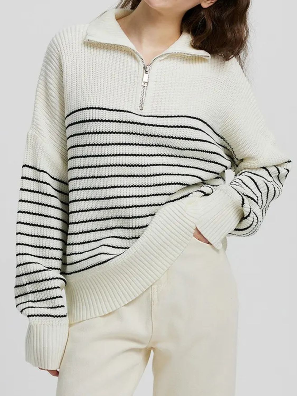 Striped Half Zip Long Sleeve Sweater - aurelia-clothing-8955