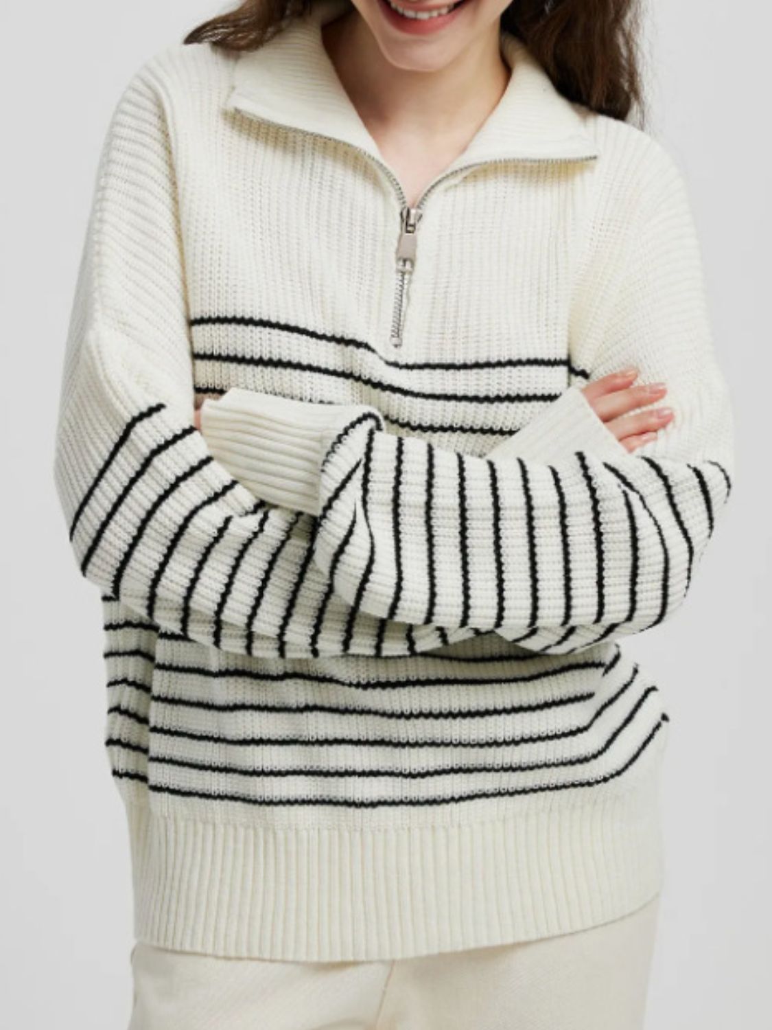 Striped Half Zip Long Sleeve Sweater - aurelia-clothing-8955