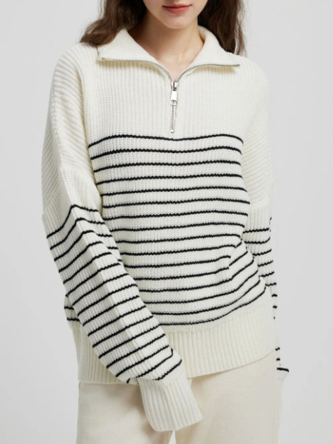 Striped Half Zip Long Sleeve Sweater - aurelia-clothing-8955