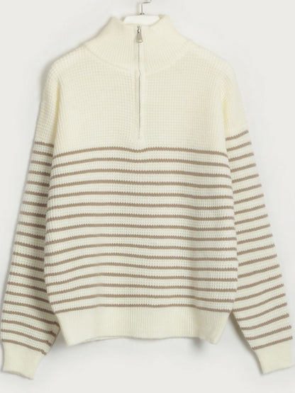 Striped Half Zip Long Sleeve Sweater - aurelia-clothing-8955