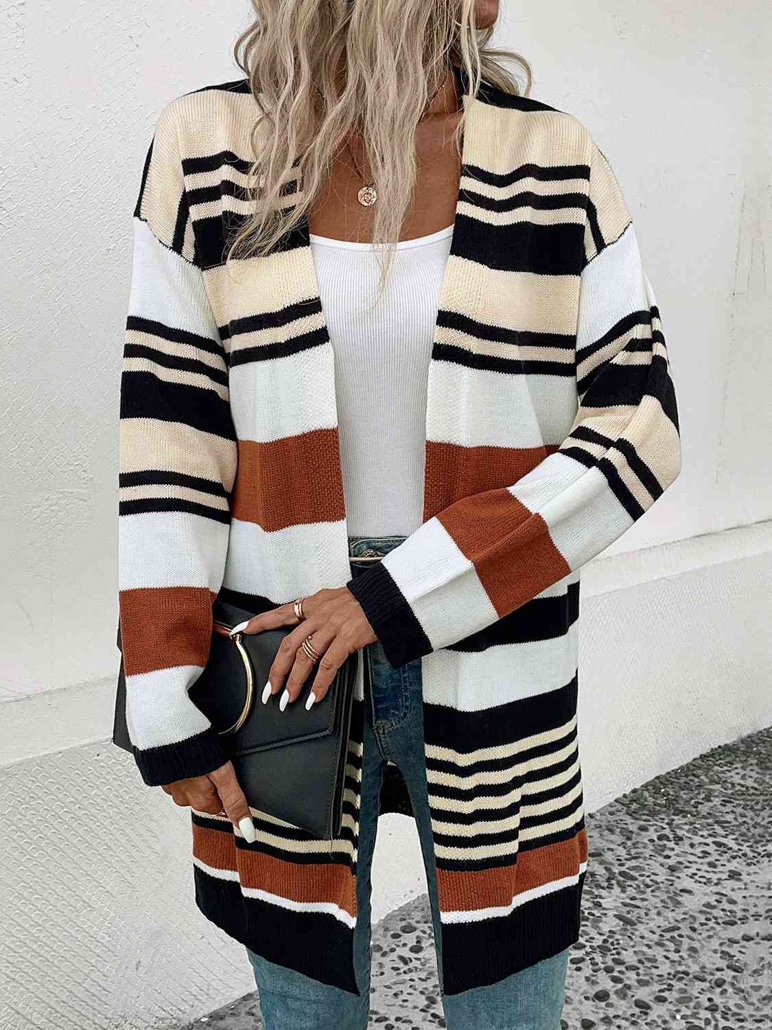 Striped Open Front Drop Shoulder Cardigan - Free Shipping - aurelia-clothing-8955
