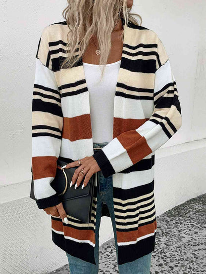 Striped Open Front Drop Shoulder Cardigan - Free Shipping - aurelia-clothing-8955