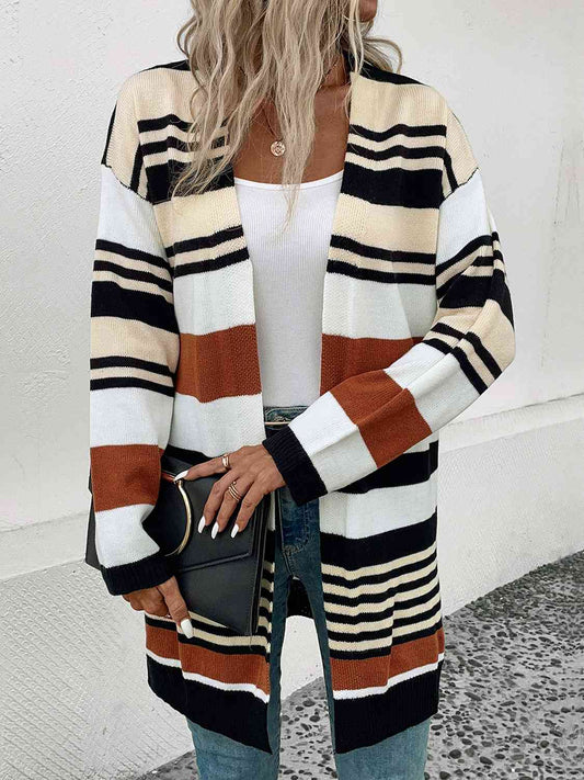 Striped Open Front Drop Shoulder Cardigan - Free Shipping - aurelia-clothing-8955