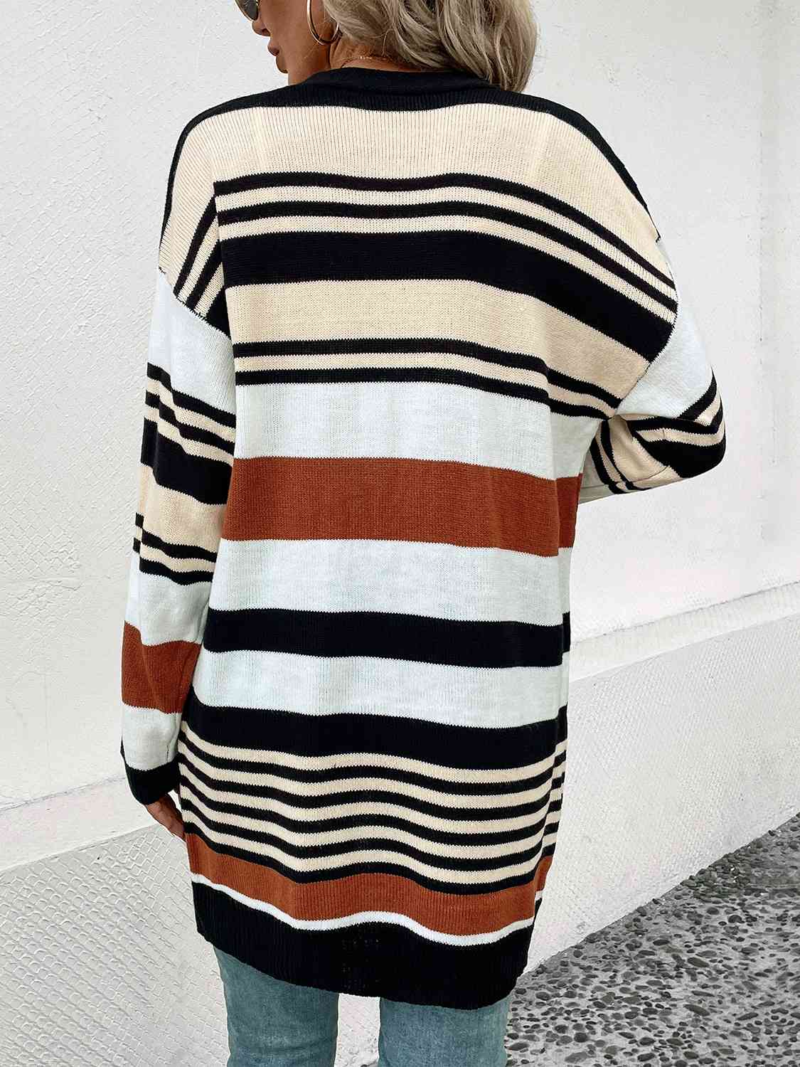 Striped Open Front Drop Shoulder Cardigan - Free Shipping - aurelia-clothing-8955