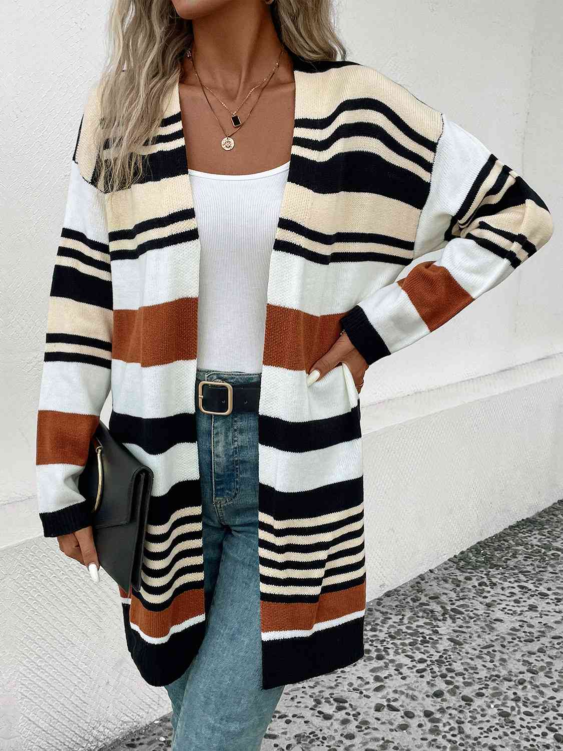 Striped Open Front Drop Shoulder Cardigan - Free Shipping - aurelia-clothing-8955