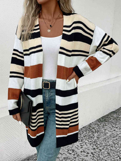 Striped Open Front Drop Shoulder Cardigan - Free Shipping - aurelia-clothing-8955