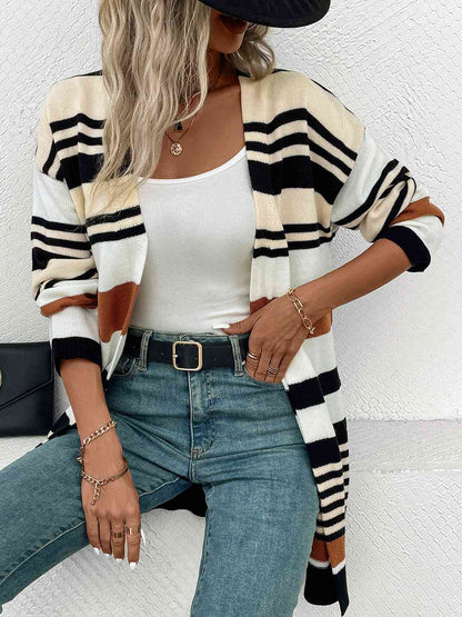 Striped Open Front Drop Shoulder Cardigan - Free Shipping - aurelia-clothing-8955