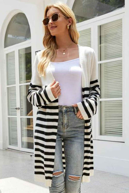 Striped Open Front Longline Cardigan - aurelia-clothing-8955