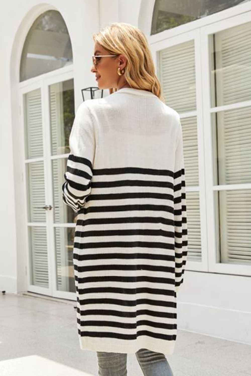 Striped Open Front Longline Cardigan - aurelia-clothing-8955