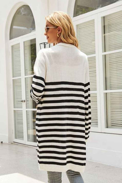 Striped Open Front Longline Cardigan - aurelia-clothing-8955