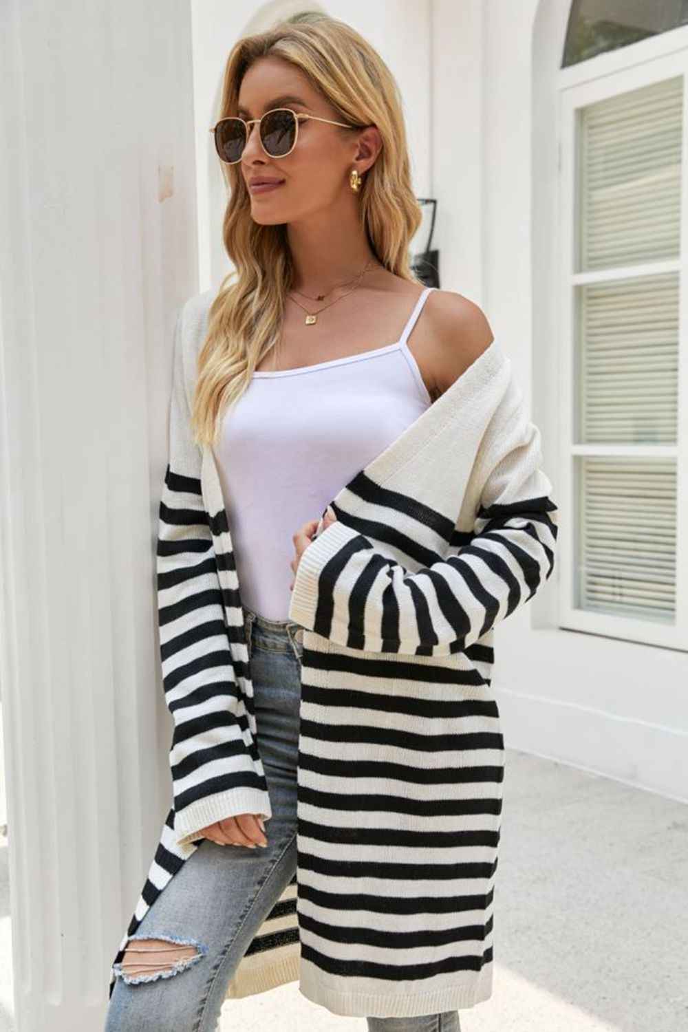 Striped Open Front Longline Cardigan - aurelia-clothing-8955