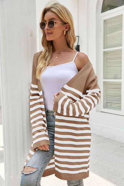 Striped Open Front Longline Cardigan - aurelia-clothing-8955