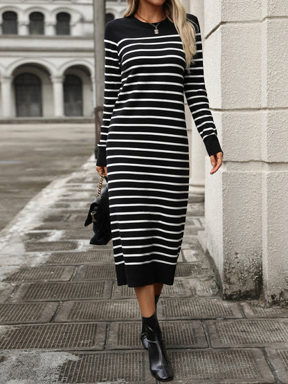 Striped Round Neck Long Sleeve Dress - Free Shipping - aurelia-clothing-8955