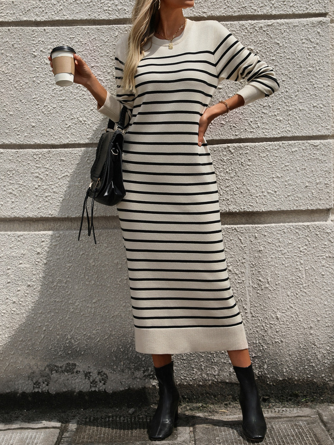 Striped Round Neck Long Sleeve Dress - Free Shipping - aurelia-clothing-8955