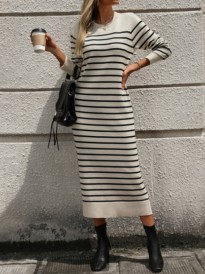 Striped Round Neck Long Sleeve Dress - Free Shipping - aurelia-clothing-8955