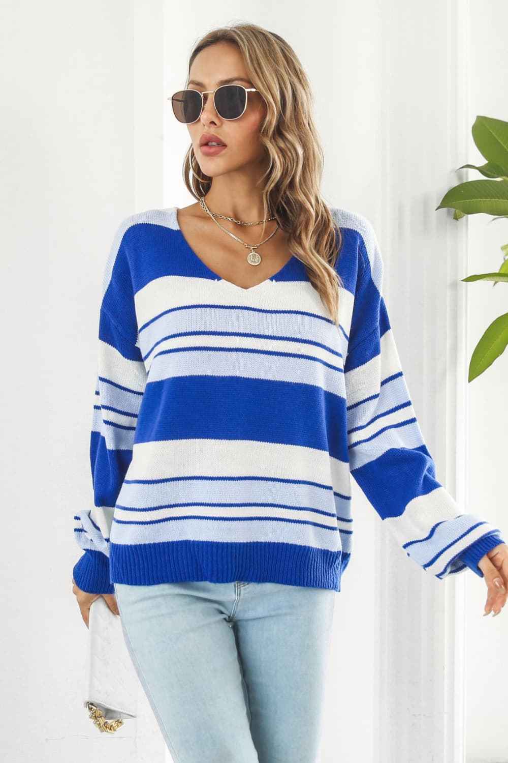 Striped V-Neck Dropped Shoulder Sweater - aurelia-clothing-8955