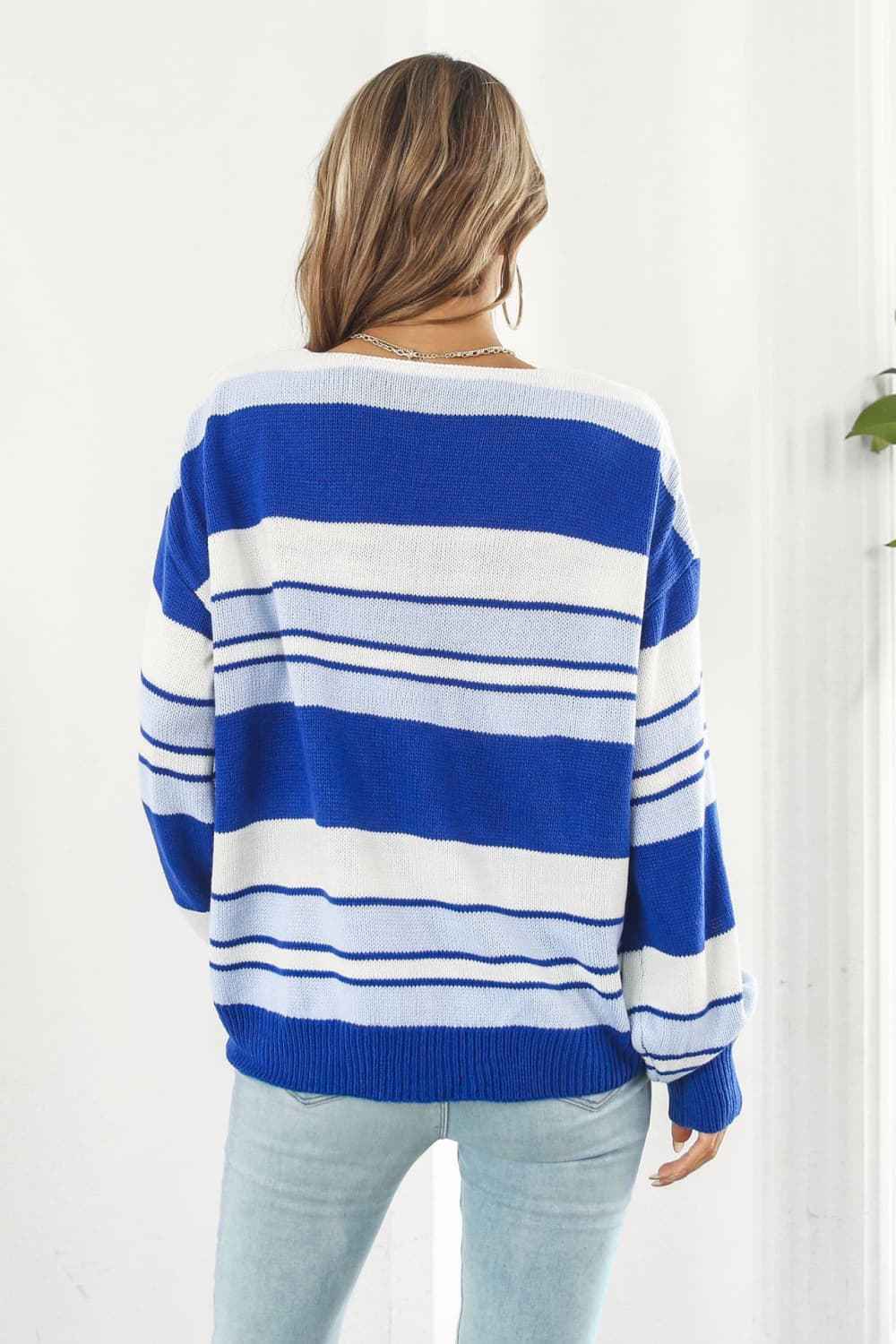Striped V-Neck Dropped Shoulder Sweater - aurelia-clothing-8955