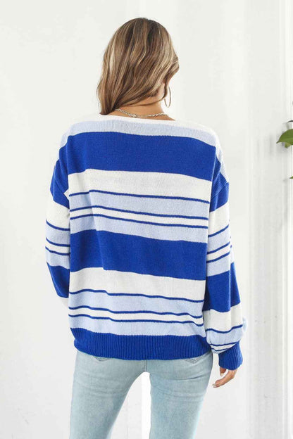 Striped V-Neck Dropped Shoulder Sweater - aurelia-clothing-8955