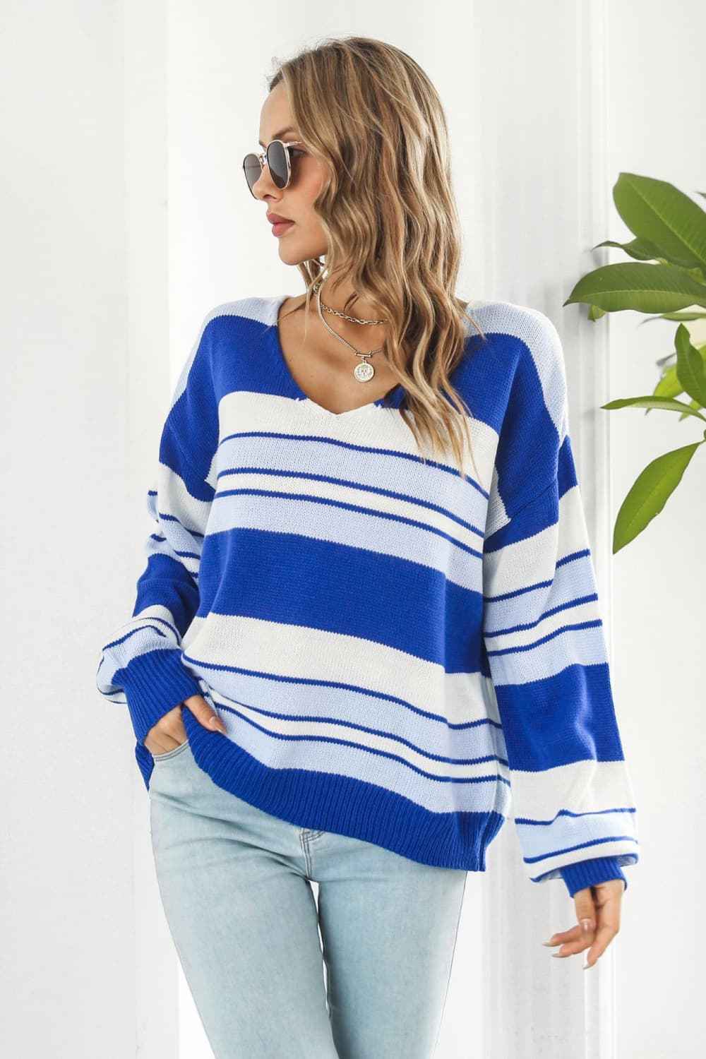 Striped V-Neck Dropped Shoulder Sweater - aurelia-clothing-8955
