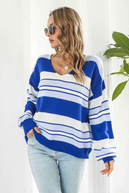 Striped V-Neck Dropped Shoulder Sweater - aurelia-clothing-8955