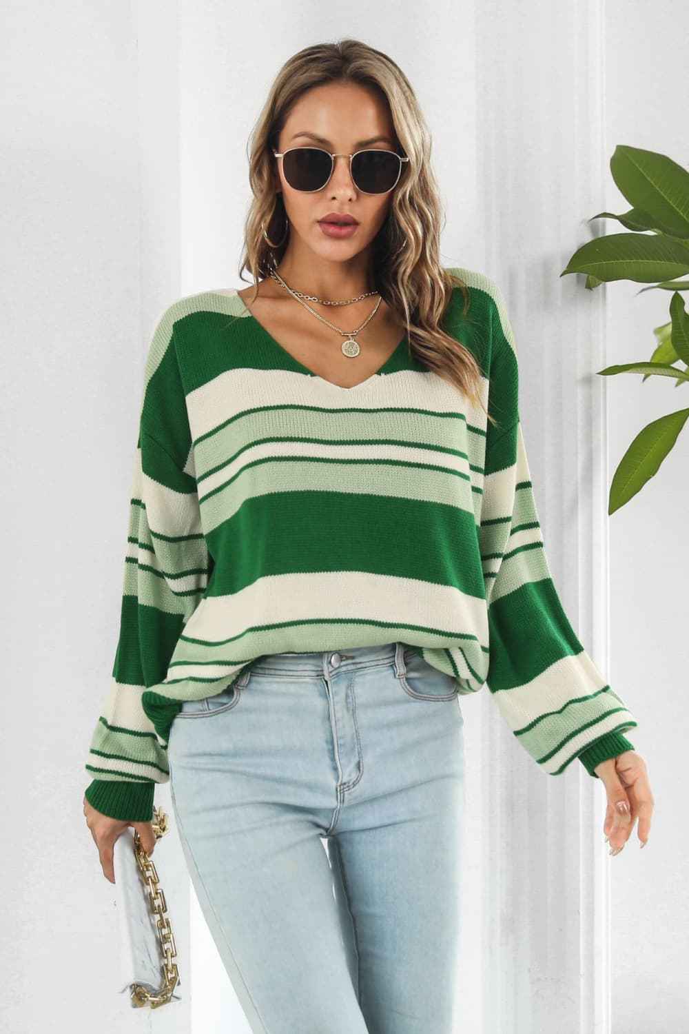 Striped V-Neck Dropped Shoulder Sweater - aurelia-clothing-8955