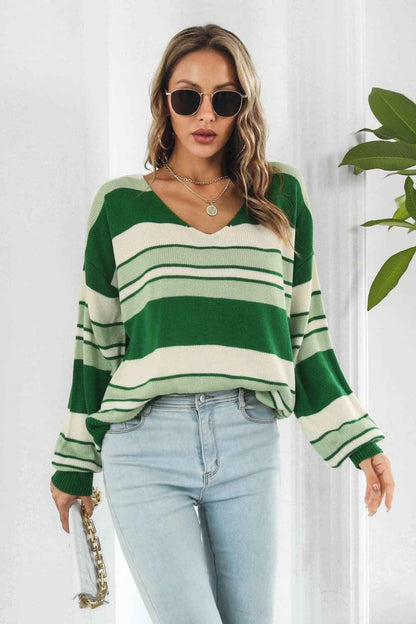 Striped V-Neck Dropped Shoulder Sweater - aurelia-clothing-8955