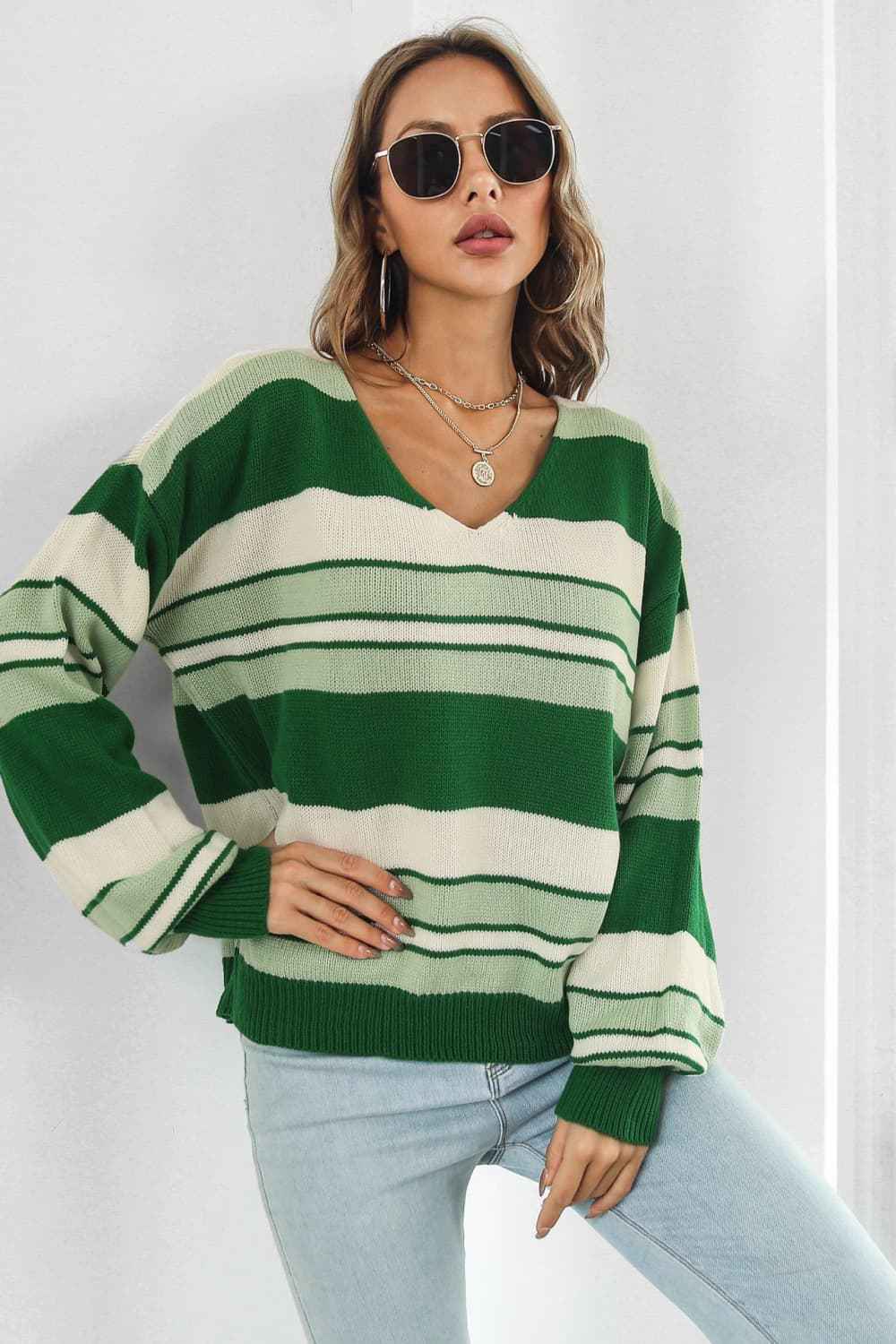 Striped V-Neck Dropped Shoulder Sweater - aurelia-clothing-8955