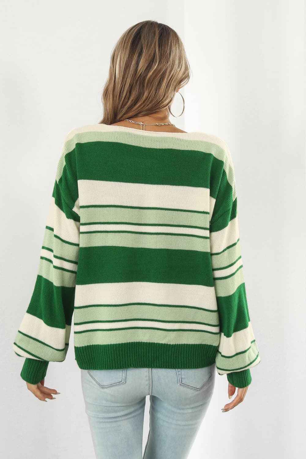 Striped V-Neck Dropped Shoulder Sweater - aurelia-clothing-8955