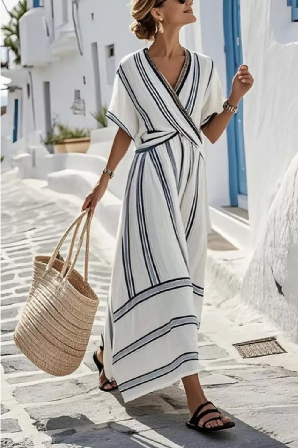 Striped Wrap Half Sleeve Maxi Dress-Free Shipping - aurelia-clothing-8955