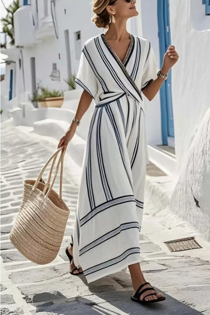 Striped Wrap Half Sleeve Maxi Dress-Free Shipping - aurelia-clothing-8955